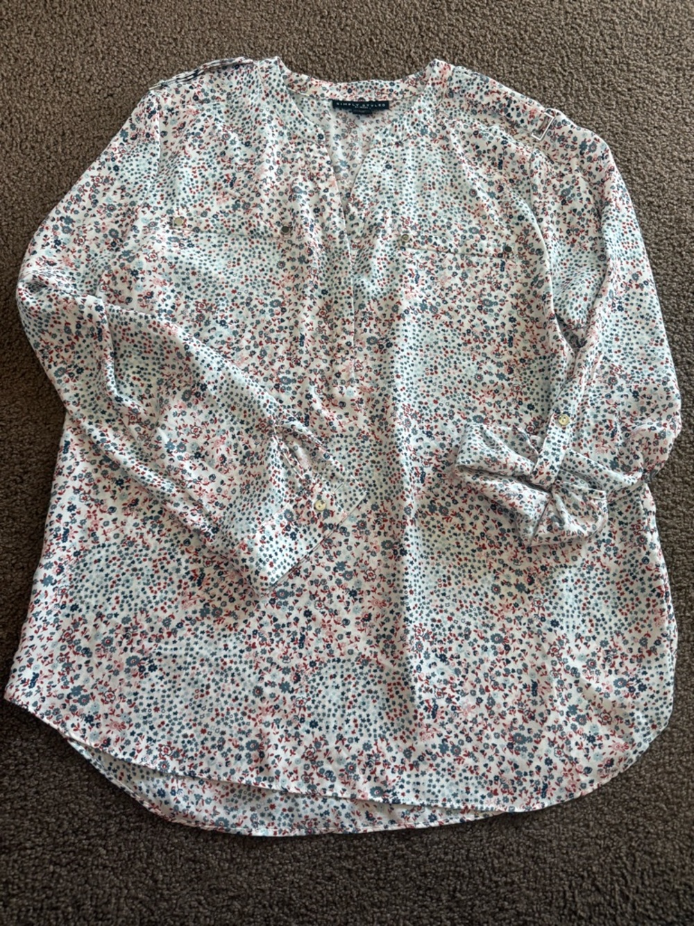 Light Floral Popover Blouse in White with red, pink & Blue Accents